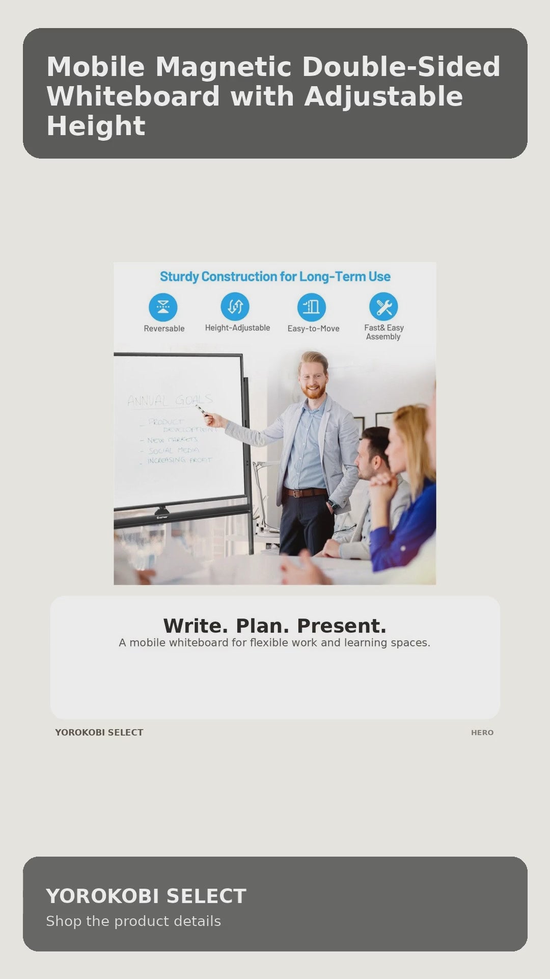 Mobile Magnetic Double-Sided Whiteboard with Adjustable Height product video
