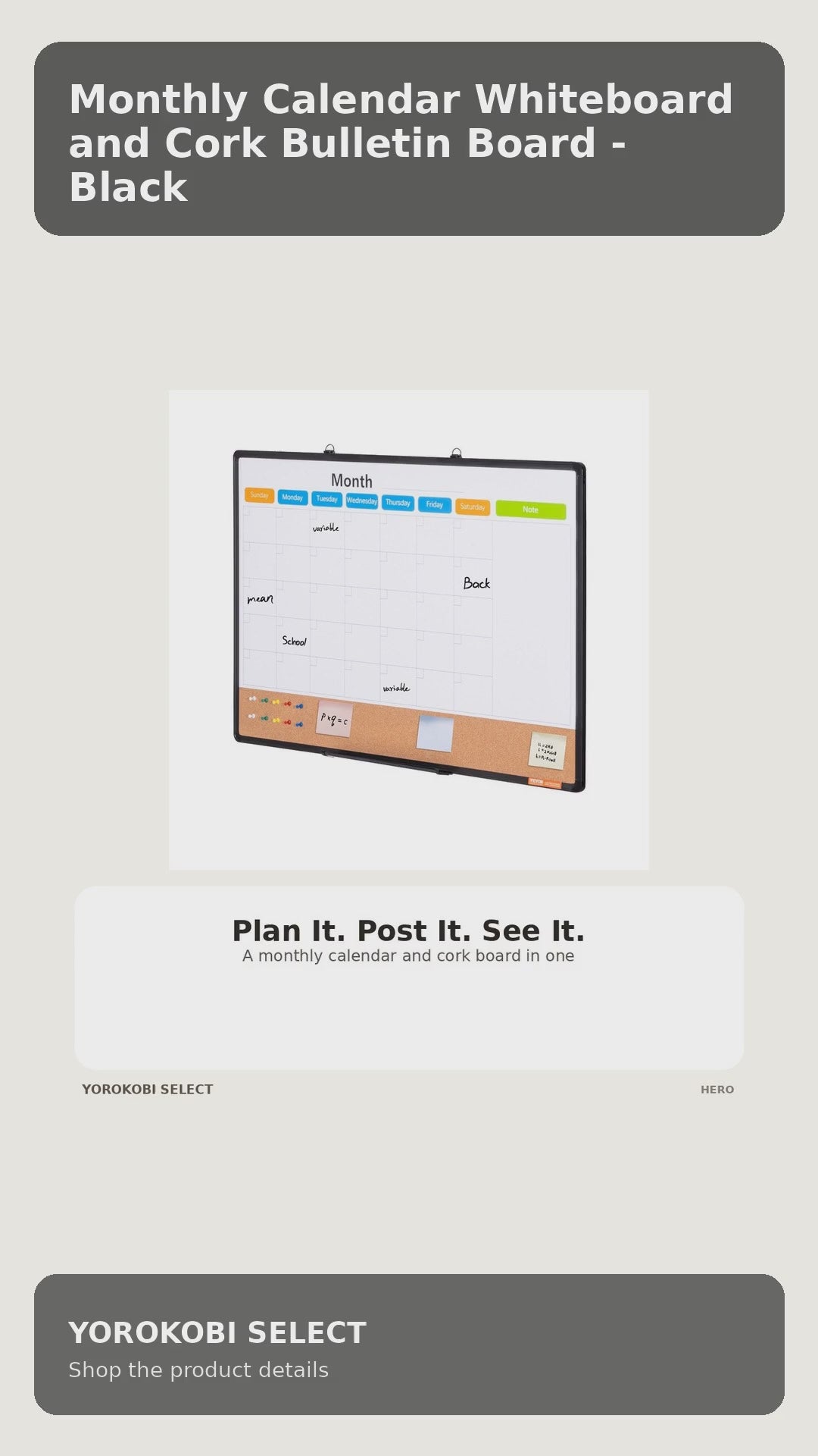 Monthly Calendar Whiteboard and Cork Bulletin Board - Black product video
